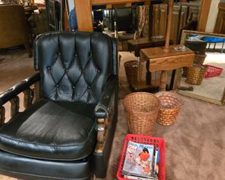 MCM Black Leather Chair with Wood Trim; Baskets; One of many Lamps with a wood drop leaf table; and Wall mirror