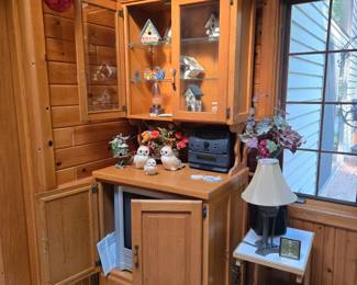 Small Step Back Cupboard with Glass Shelves and Lower Storage; Hand Painted Bird Houses; Lamp; Stereo Equipment and more!