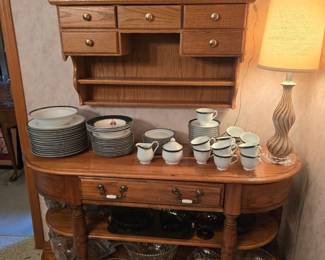 Oak Console Table; Pressed Glass Serving Pieces; Set of China; Table Lamp and Oak Wall Display with Drawers
