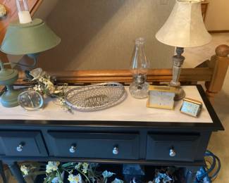 Black Console Table with Drawers; Metal Lamp; Clocks; Metal Basket; Oil Lamp and more