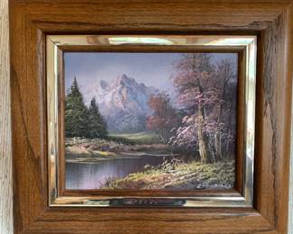 Framed Vintage Landscape by L. Harding on Canvas (in the style of Bob Ross, c. 1990s)