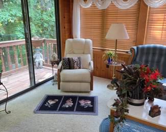Off White and Wood Trim Chair; Area Rugs; Table Pole Lamp and Silk Florals