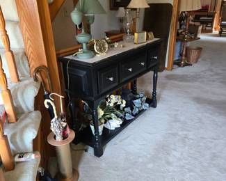 Vintage Umbrellas; Umbrella Stand; Black Console Table; Metal Tole Lamp; Clocks Oil Lamp Silk Flowers and much more