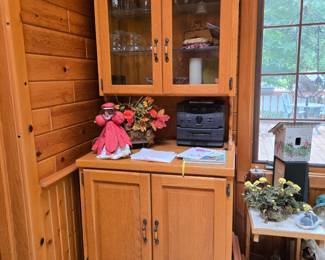 Small Oak Hutch with Upper and Lower Cabinets & Drawers; Silk Floral Displays; Bird House; Statuary; CD/Cassette Player and so much more!