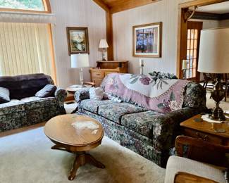 Loveseat & Sofa; Oak Wood Rocker; Oak Coffee Table; Oak Side Tables; Dry Sink; Table Lamps; Afghan; Framed Wall Prints