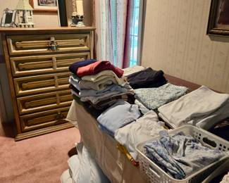 Women's Clothing; 5 Drawer Highboy Dresser; Lamps and more