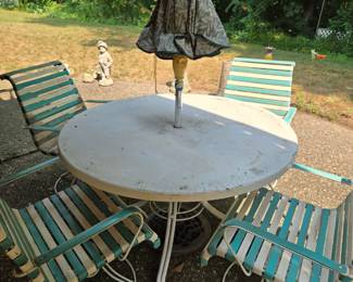 Vintage Patio Set with 4 Blue & White Plastic Strip Chairs, including umbrella