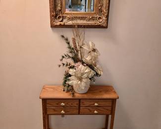 Oak Hallway Tabler with Drawers; Silk Floral Display; Beveled Wall Mirror in Gesso Frame