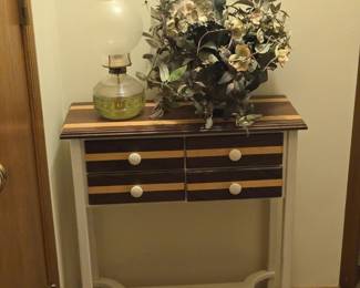 Another small table that the Homeowner's Husband Made; Oil Lamp; and another Silk Plant