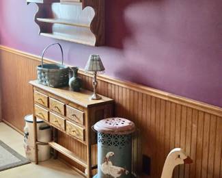 Oak Wall Display with Drawers; Small Oak Console Table with Drawers; Baskets; Magazine Rack; Hand Painted Heater and much more