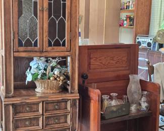 Beautiful Fruitwood Cabinet with Leaded Glass Windows; and a Bench Made out of an Old Door!