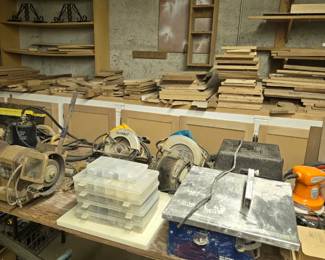 Tile Saw; Storage Bins; DeWalt Electric Saw; Buffer/Polisher, Grinder, Loads of Wood; Chain Saw and much more!