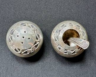 Navajo silver salt bowl, salt spoon, and pepper by Tim Kee Whitman 