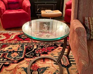 MCM style metal side table with glass top.