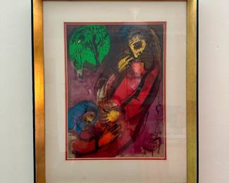 Marc Chagall; "David & Bathsheeba" , Large edition, unsigned 1956  from "Ill from the Bible". Gallery tag on reverse.