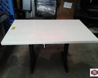 Restaurant type tables white laminated solid poly, metal pedestal 4 legs