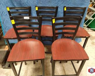 7 Bar highchair, two tone 
cherry color wood seat with dark color frame and ladder-back chair. sold as a lot of 7. check out photos smart looking and quality chairs