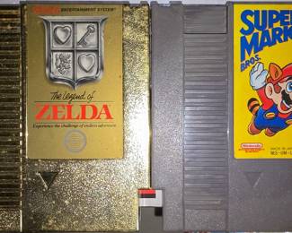 Vintage Nintendo cartridges, including The Legend of Zelda (Gold) and Super Mario 3.