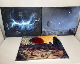 55 ThreeUnframedSpacescapesOilPaintingsonCanvasSignedbyArtist