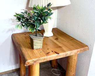 18 NaturalWoodEndTablewithCeramicLampandFauxPlant