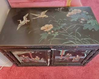 Hand-Painted Asian Lacquer Cabinet with Inlay