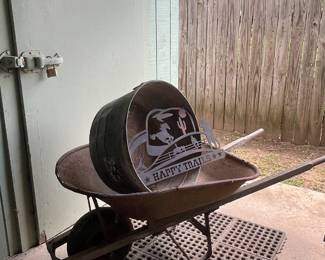 VINTAGE GALVANIZED BUCKET, METAL WESTERN ART, WHEELBARROW