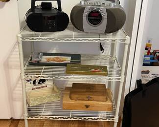 DURABRAND CD PLAYER, UNIMART PINKING SHEARS, VINTAGE CIGAR BOXES, METAL SHELF