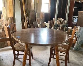 MAPLE DINING/KITCHEN TABLE, RUSH BOTTOM CHAIRS