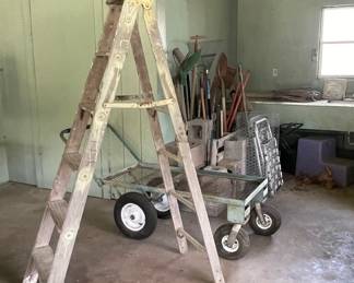 VINTAGE WOOD LADDER, GARDEN CART
