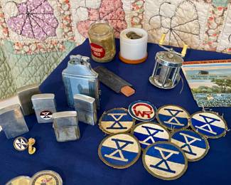 MILITARY WWII PATCHES, LIGHTERS, FISHING REEL