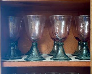 PFALTZGRAFF GARDEN PARTY WATERMELON PINK/GREEN GOBLETS, INDIANA GLASS PRESSED TUMBLERS FEDERAL DESIGN