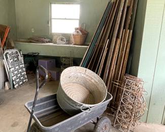 UTILITY WAGON, GALVANIZED BUCKET, WROUGHT IRON YARD/GARDEN FENCE