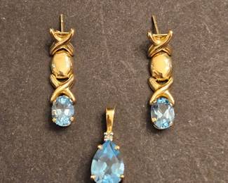 14K Yellow Gold Blue Topaz Earrings and Pendant