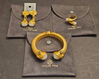 Julie Vos Yellow Gold Plated Bangel, Earrings and Ring