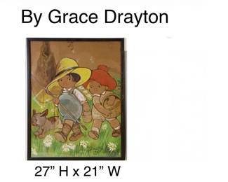 Rare gauche painting “Gone Fishing” by Famous vintage Illustrator Grace Drayton, creator of the Campbell Soup Kids. Minor water damage but, still a beautiful large painting.
