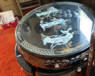 Beautiful Asian Black Laquer Glass Top Table with mother of pearl with Stools