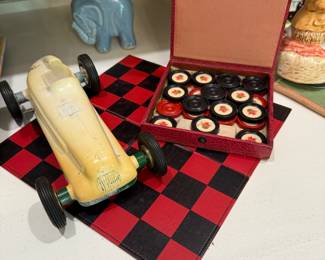 Vintage traveling checkers set and toy car