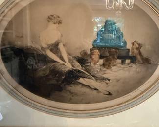 Louis Icart hand colored etching, "Pekinese and Buddha", pencil signed by the artist