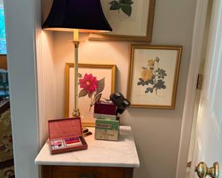 Marble top commode, vintage Viewmasters and card set