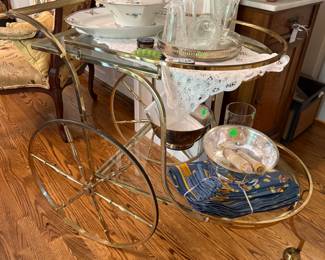 Brass teacart, SP Revere bowls, vintage glassware