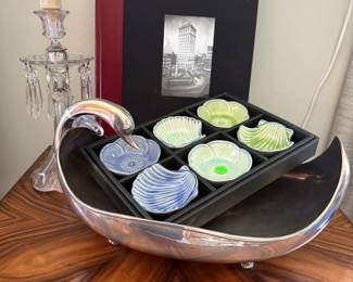 Sterling silver swan bowl, Lancaster County Historical Atlas, pair of glass candlesticks with  prisms