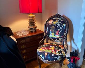19th century parlor chair, pair of Henkel Harris diminutive chests, pagoda form lamp