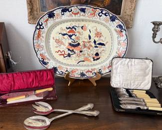 Mason's ironstone, Imari platter and plates, Victorian fish servers and flatware set
