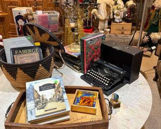 MCM round marble top cocktail table, woven tribal basket, electrified candelabra
