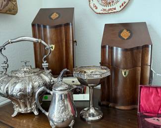 Pair George III style knife boxes, sterling silver and silver plated items