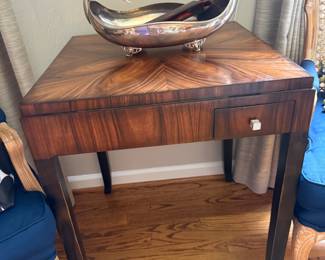 Mid-century side table, sterling silver swan bowl