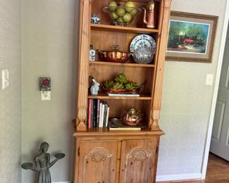 Distressed pine cabinet, copper wares
