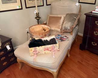 Chaise lounge, floor lamp, small chest