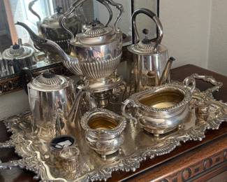 Sterling silver and silver plated items. Kenilworth Kettle, coffee pot and tea pot, silver plated handled salver