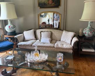 Trumeau mirror, French style sofa, NOTE, the lamps shown are not for sale and will not be on premises on sale dates